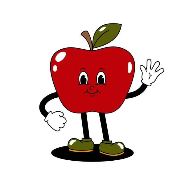 Vector Cartoon Retro Mascot Color Illustration Walking Apple Vintage Style — Stock Vector