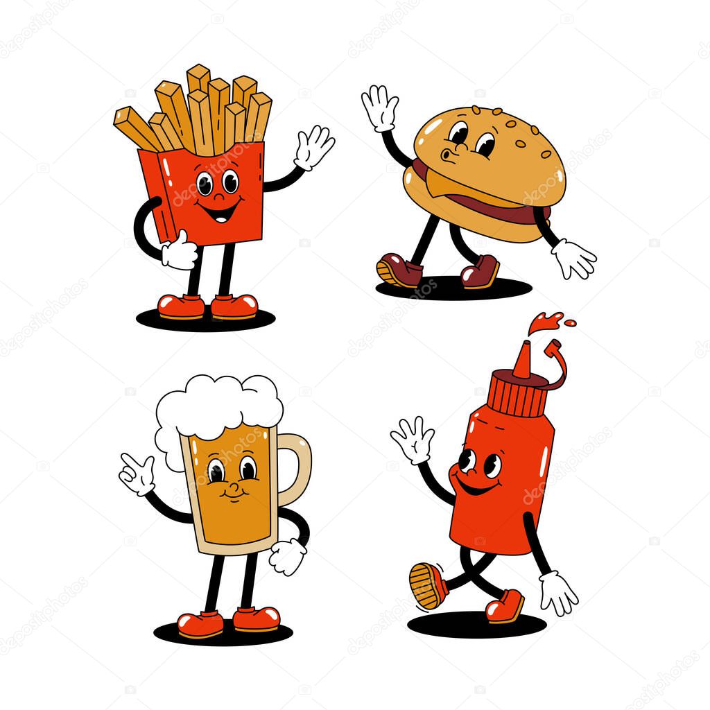 Vector set with cartoon retro mascots colored illustrations of walking street food. Vintage style 30s, 40s, 50s old animation. Stickers isolated on white background.