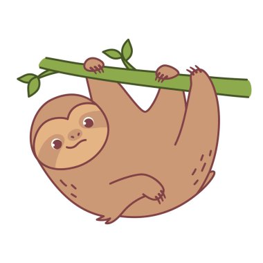 Daldaki şirin miskin hayvan. Vektör çizimi. Çizgi film karakteri beyaz bir arkaplanda el çizimi ve izole edilmiştir..