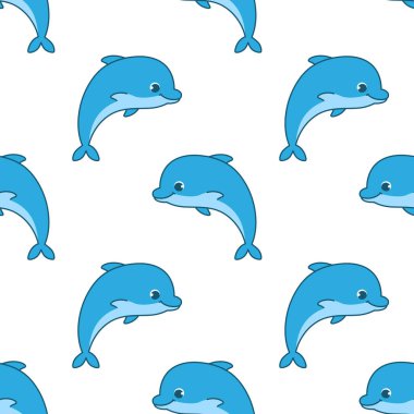 Beyaz arka planda sevimli bir yunus olan kusursuz bir model. Hayvan karakter çizimi el çizimi