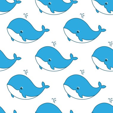 Beyaz arka planda şirin bir balina olan kusursuz bir model. Hayvan karakter çizimi el çizimi