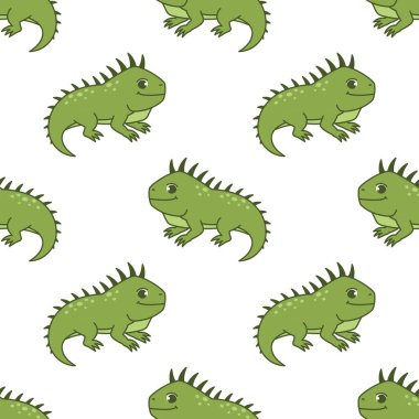 Beyaz arka planda sevimli bir iguana ile kusursuz bir desen. Hayvan karakter çizimi el çizimi