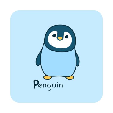 Alfabedeki vektör kare kartta çocuklar için şirin bir hayvan var. P-pengueni. Altyazılı bir resim. Mavi arkaplanda beyaz çerçeveli el çizimi karakter