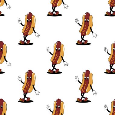 Beyaz arka planda yürüyen bir sosislinin karikatür retro maskot renginde tasviri olan kusursuz bir model. Eski tarz 30 'lar, 40' lar, 50 'ler animasyonu.