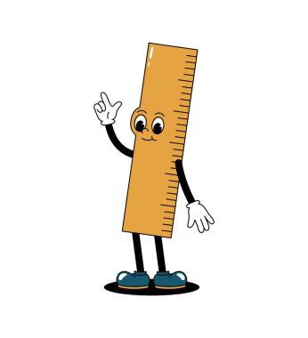 Vektör karikatür retro maskot renkli yürüyen cetvel çizimi. Eski tarz 30 'lu, 40' lı, 50 'li yılların animasyonları. Clipart beyaz bir arkaplanda izole edilir.