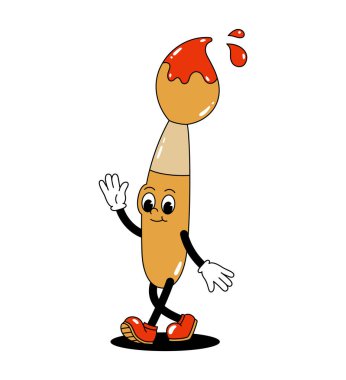 Yürüyen boya fırçasının vektör retro maskot rengi çizimi. Eski tarz 30 'lu, 40' lı, 50 'li yılların animasyonları. Clipart beyaz bir arkaplanda izole edilir.