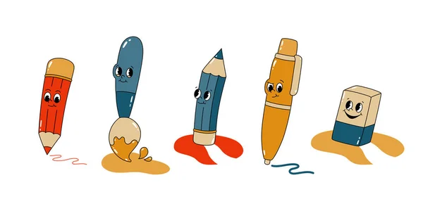 Vector Set Cartoon Retro Mascots Colored Illustrations Stationery Pen Pencil — Stock Vector
