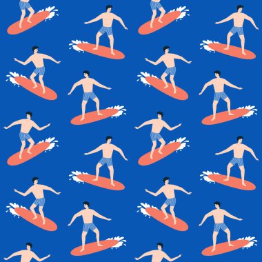 Mavi arka planda sörf yapan bir adam için kusursuz bir model.