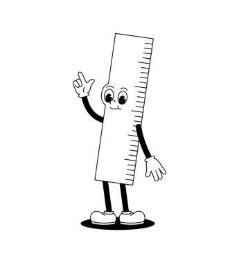 Vektör karikatür retro maskot tek renkli yürüyen cetvel çizimi. Eski tarz 30 'lu, 40' lı, 50 'li yılların animasyonları. Clipart beyaz bir arkaplanda izole edilir.