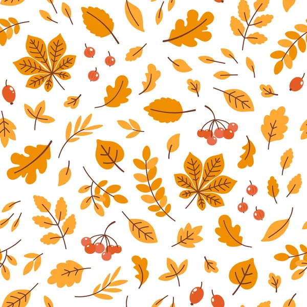 Vektornahtloses Muster Mit Herbstgelben Blättern Und Beeren Auf Weißem Hintergrund — Stockvektor