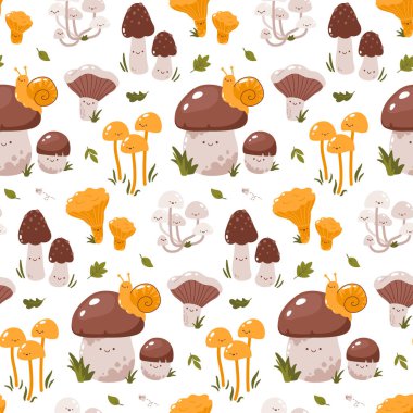 Beyaz arka planda sevimli orman mantarı karakterleri olan kusursuz bir model.