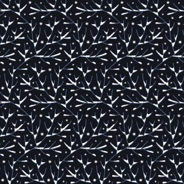 Koyu arkaplan üzerinde karla kaplı ağaç dalları olan vektörsüz desen