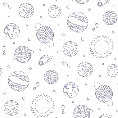 Güneş sistemindeki doğrusal tek renkli gezegenlerin beyaz arkaplandaki vektörsüz deseni