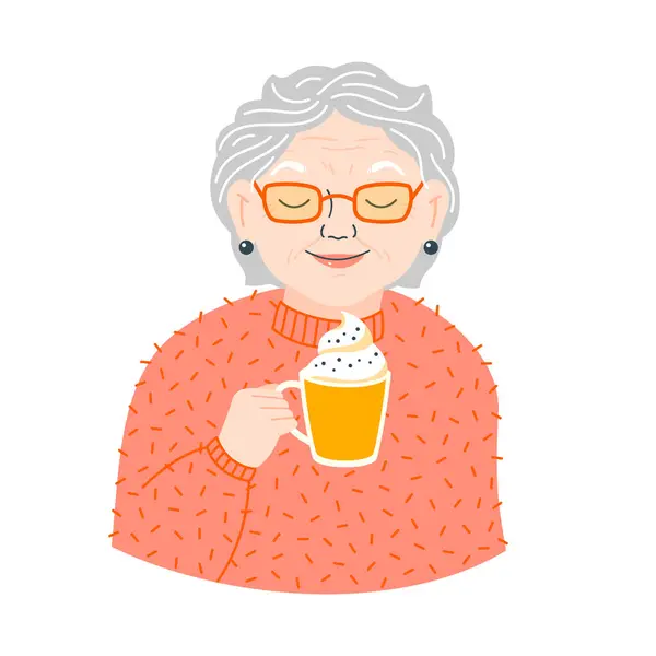Wektor Ilustracja Portret Pięknej Starszej Kobiety Okularach Trzymając Filiżankę Latte Grafika Wektorowa