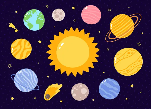 Vector Set Cute Solar System Planets Stickers — Stock Vector