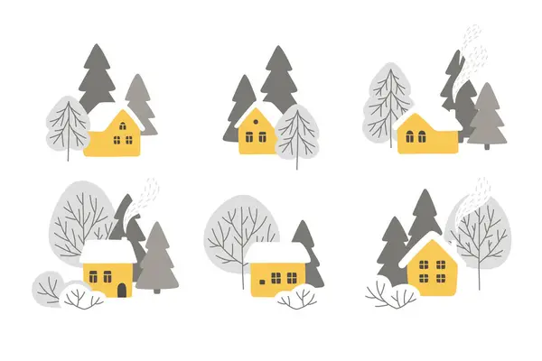 Vektorgelbes Haus Und Bäume Wald Winter Gemütliche Komposition Isoliert Auf lizenzfreie Stockillustrationen