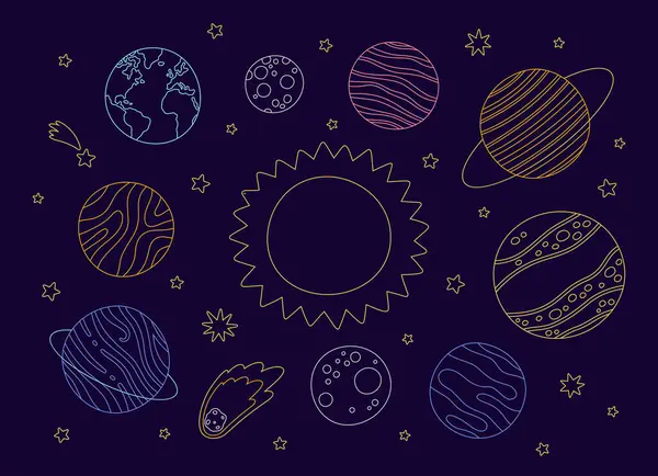 Güneş Sistemindeki Gezegenlerin Koyu Mavi Arkaplan Üzerindeki Doğrusal Renk Çizimlerinin Vektör Grafikler