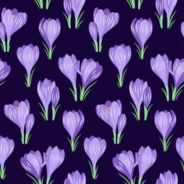 Koyu mavi bir arka planda bahar çiçekleri olan vektör pürüzsüz desen