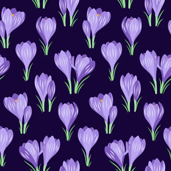 Vektornahtloses Muster Mit Frühlingskrokusblüten Auf Dunkelblauem Hintergrund Stockillustration