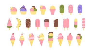 Buzlu şeker ve meyveli dondurmanın vektör seti. 25 element