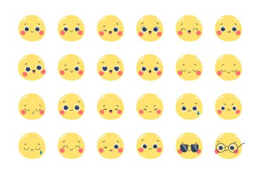 Beyaz arka planda izole edilmiş farklı duygulara sahip şirin duygu simgelerinin etiketlerinin vektör kümesi