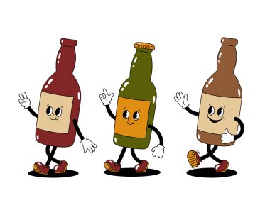 Yürüyen cam bira veya soda şişeleri retro maskot karakterlerinin renkli çizimleri. Beyaz arkaplanda izole edilmiş çıkartmalar