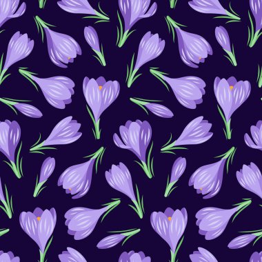 Koyu mavi bir arka planda bahar çiçekleri olan vektör pürüzsüz desen