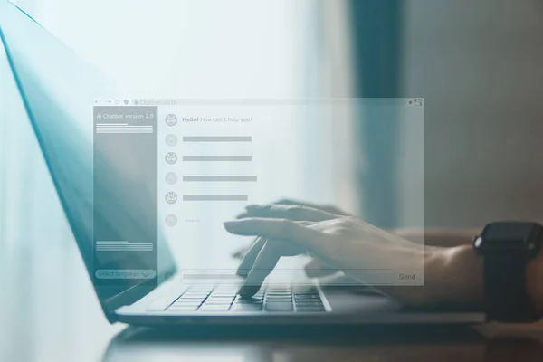 AI chat bot konsepti, iş adamları gelecekteki iş dünyasında Yapay Zeka ve yazılım geliştirme arayüzünü kullanır ve ağ bağlantısını senkronize eder, IoT, yenilikçi.