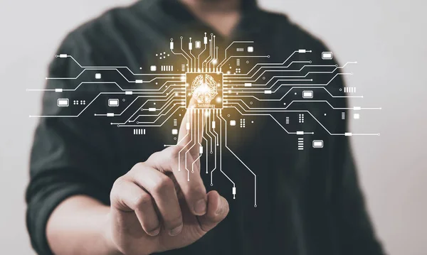 İnsanlar arayüzdeki yapay zeka ve kodlama yazılımının geliştirilmesinde yapay zekanın ekranına dokunuyor ve ağ bağlantısını senkronize ediyor, IOT, yenilikçi, yapay zeka sohbet robotu, yapay zeka üretiyor..