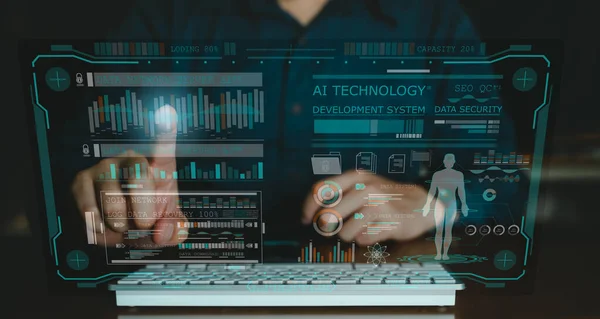 Teknoloji yapay zeka analiz kavramı, insanlar insan analizi için görsel ekran kullanır.