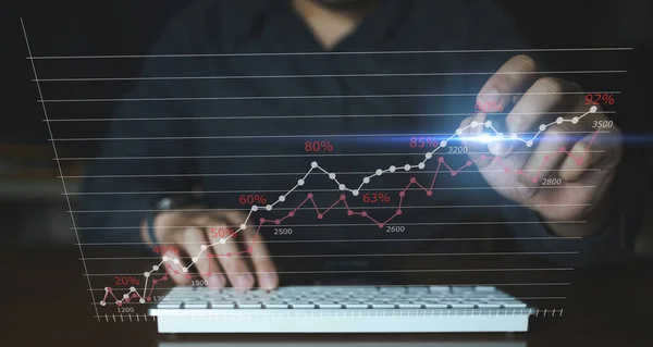 İnsanlar ekranda analitik yatırım ve hisse senedi analizi, iş büyütme grafiği için iş grafiğine dokunuyor.