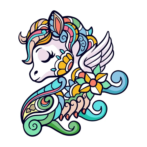 Warna Lucu Unicorn Kartun Mandala Seni Terisolasi Latar Belakang Putih - Stok Vektor