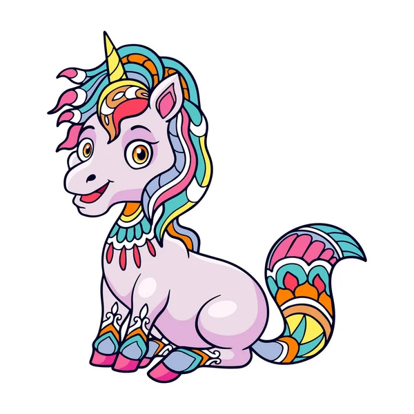 Warna Lucu Unicorn Kartun Mandala Seni Terisolasi Latar Belakang Putih - Stok Vektor