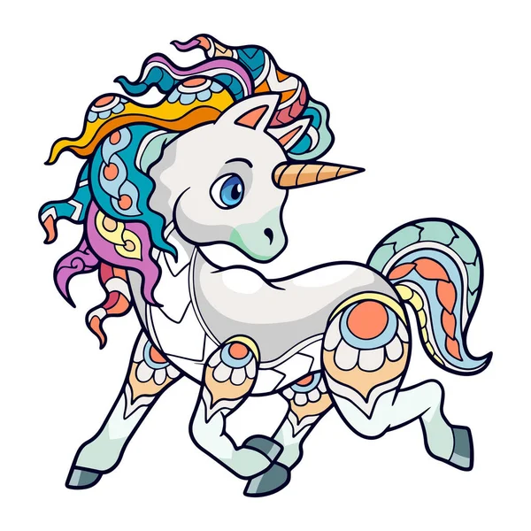 Colorato Carino Unicorno Cartoni Animati Mandala Arti Isolate Sfondo Bianco — Vettoriale Stock
