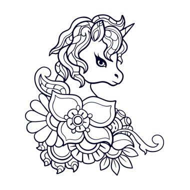 Beyaz arka planda izole edilmiş şirin tek boynuzlu at çizgi filmi mandala sanatı.