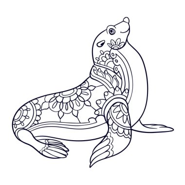 Beyaz arka planda izole edilmiş şirin Deniz Aslanı çizgi film mandala sanatları