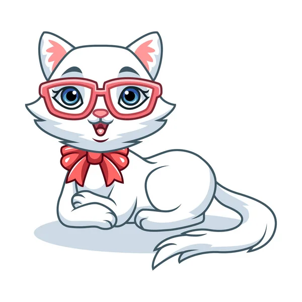 Καρτούν Χαριτωμένο Και Όμορφο Μικρό Λευκό Γάτα Φορώντας Γυαλιά Κάθεται — Διανυσματικό Αρχείο