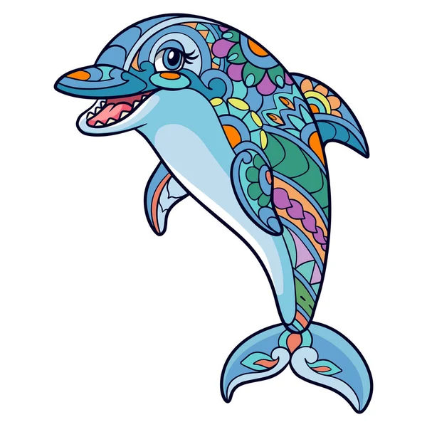 Desenhos Animados Coloridos Golfinhos Mandala Artes Isoladas Fundo Branco —  Vetores de Stock