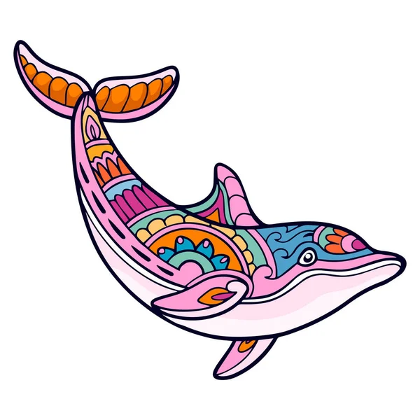 Colorido Delfín Dibujos Animados Mandala Artes Aisladas Sobre Fondo Blanco — Vector de stock
