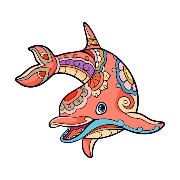 Färgglada Delfin Tecknad Mandala Konst Isolerad Vit Bakgrund — Stock vektor