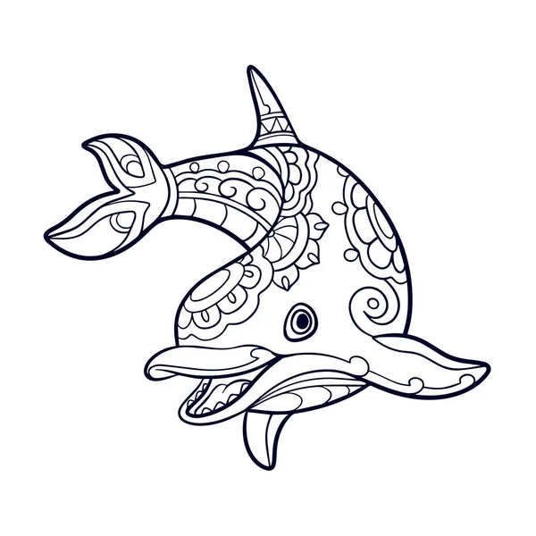 Dolphin Tecknad Mandala Konst Isolerad Vit Bakgrund — Stock vektor