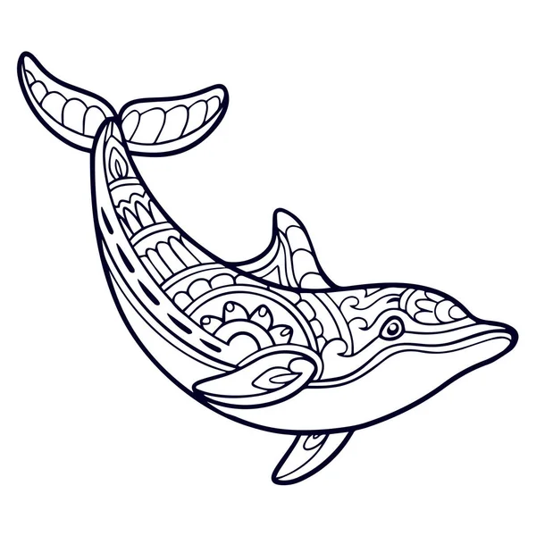 Dolphin Karikatura Mandala Umění Izolované Bílém Pozadí — Stockový vektor