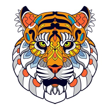 Renkli kaplan başı mandala sanatı beyaz arka planda izole edildi