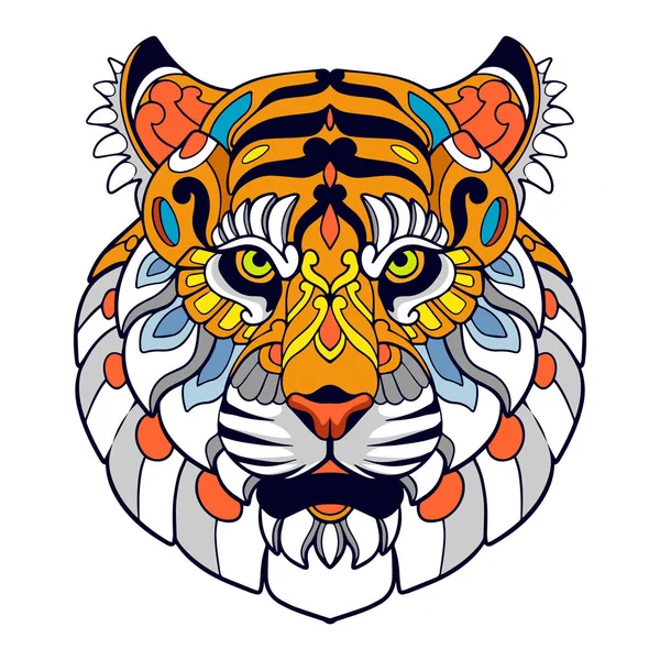 Bunte Tigerkopf Mandalakunst Isoliert Auf Weißem Hintergrund — Stockvektor