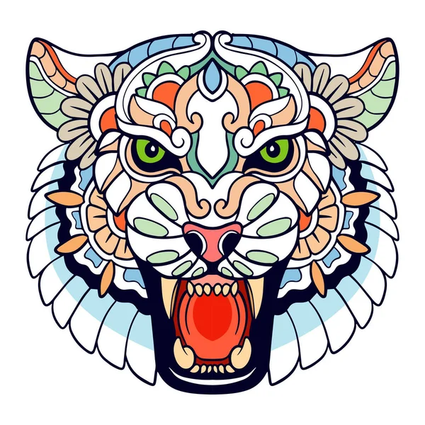 Colorato Tiger Head Mandala Arti Isolate Sfondo Bianco — Vettoriale Stock