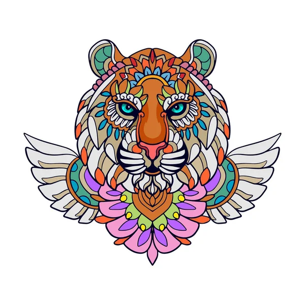 Colorido Tiger Head Mandala Artes Aisladas Sobre Fondo Blanco — Vector de stock