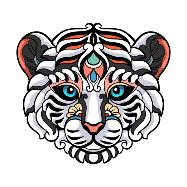 Bunte Tigerkopf Mandalakunst Isoliert Auf Weißem Hintergrund — Stockvektor