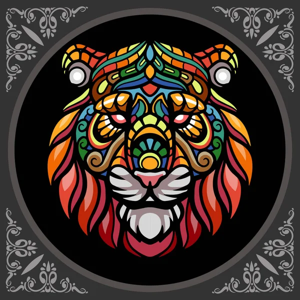 Πολύχρωμο Tiger Κεφάλι Mandala Τέχνες Απομονώνονται Μαύρο Φόντο — Διανυσματικό Αρχείο