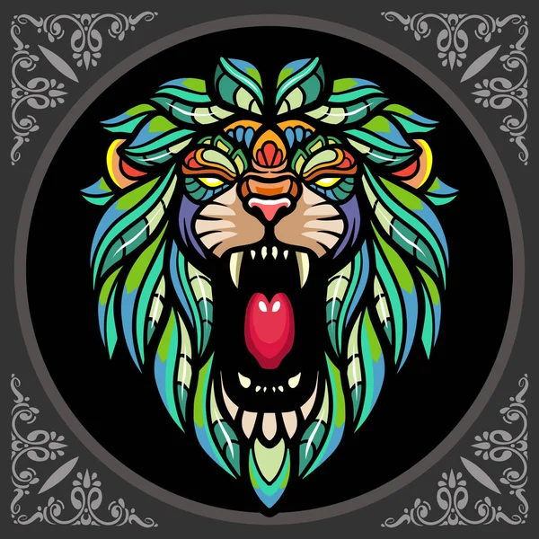 Kleurrijke Lion Hoofd Mandala Kunst Geïsoleerd Zwarte Achtergrond — Stockvector