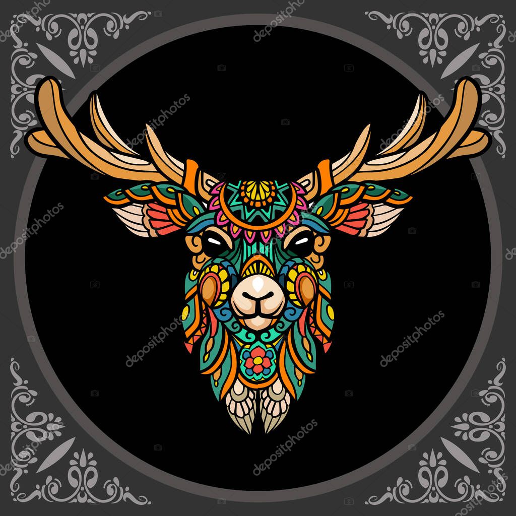 Colorful Deer head mandala arts, isolated on black background